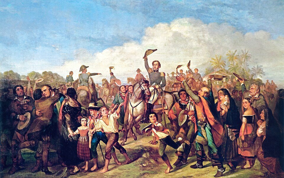 El príncipe Pedro rodeado por una multitud vitoreante en São Paulo tras dar las noticias de la independencia brasileña el 7 de septiembre de 1822.